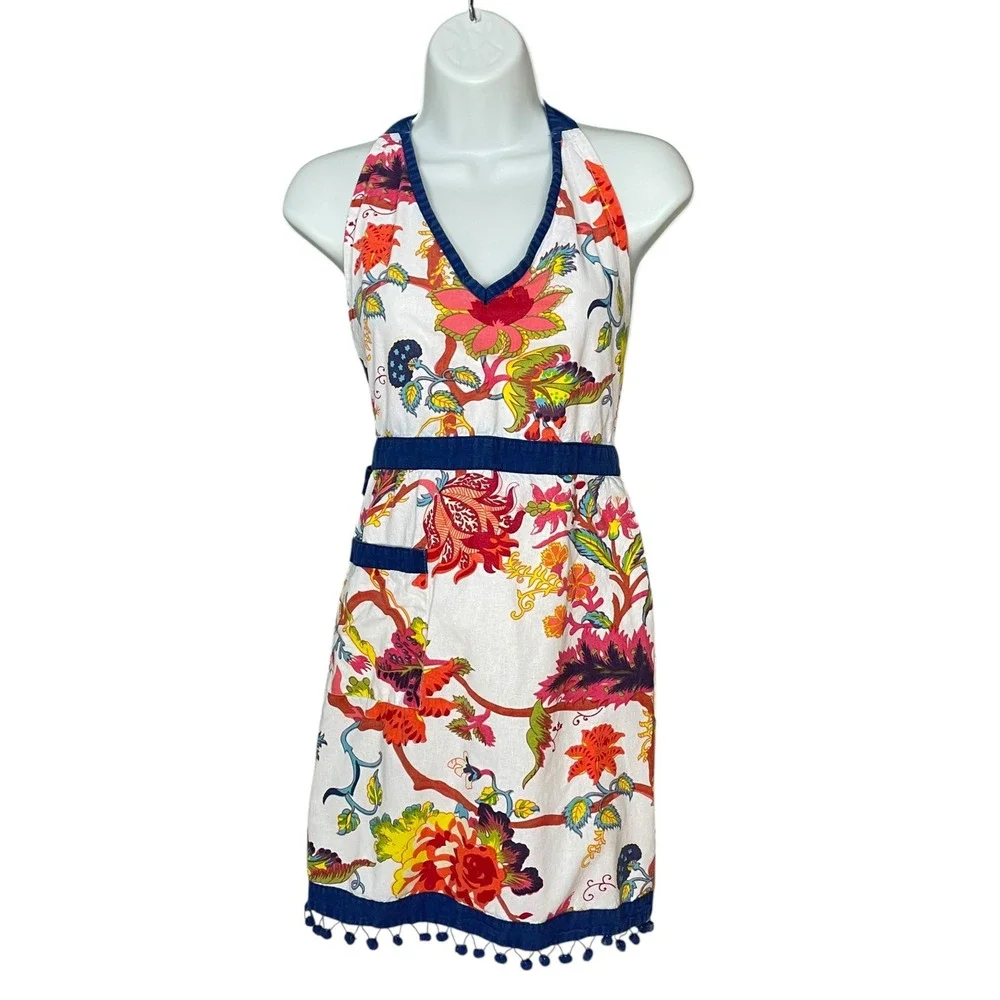 Sur La Table Floral Apron Colorful Cotton Pom Pom Trim Halter Neck Tie Kitchen